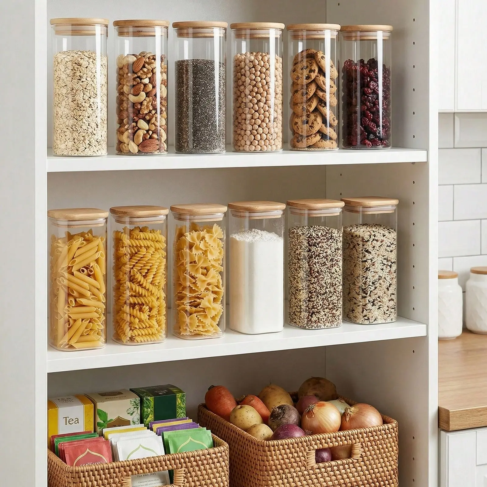 6pcs Glass Food Storage Containers With Lid, Airtight 1L/34oz Capacity For Flour, Sugar, Baking Supplies And Dry Food Storage, Plastic Canisters For Kitchen Pantry Organization, Kitchen Accessories