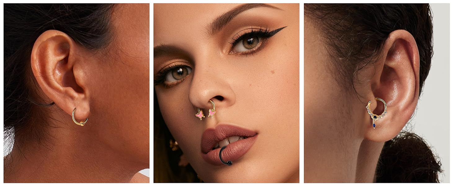 BESTEEL 20Pcs Gold Septum Rings 16G Small Septum Jewelry Surgical Steel Septum Clicker Dangle Nose Rings Hoops for Women Men Cute Star Bee CZ Heart Butterfly Chain Septum Rings Septum Piercing Jewelry Dainty Decoration