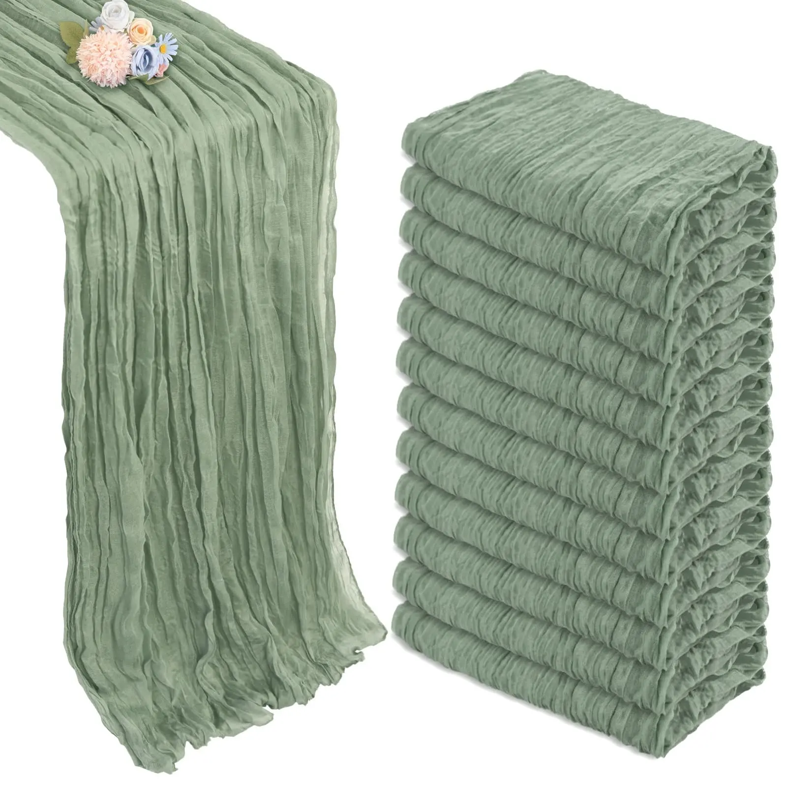 Sage Green Polyester Cheesecloth Table Runner, 6/12 Pack 17x108in Semi-Sheer Boho Gauze, Exquisite Edges, Machine Washable, Avoid Direct Sunlight, for Wedding Party Home Decor Farmhouse