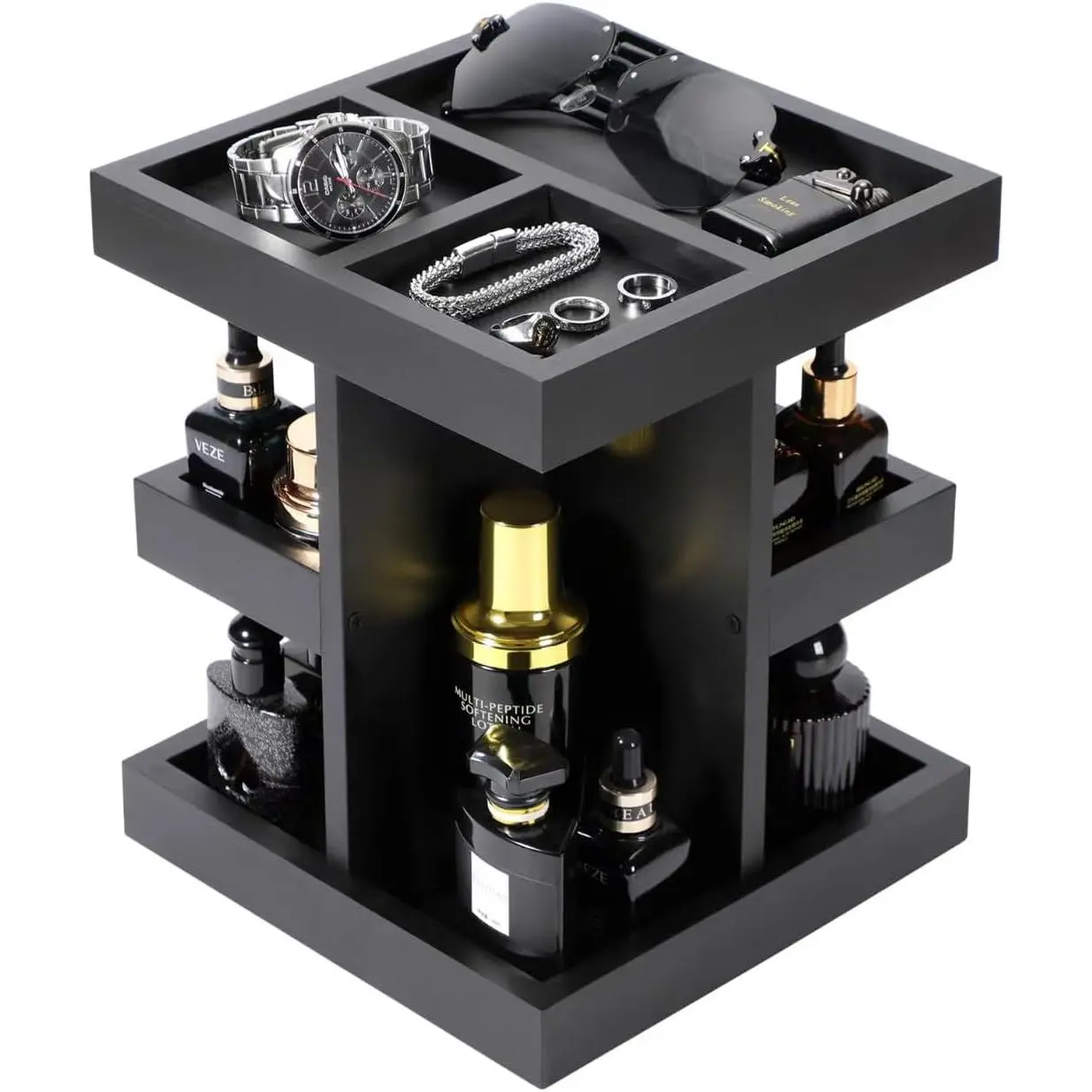 360° Rotating Cologne Organizer for Men, Black Wooden Fragrance Display Stand for Bathroom Countertop, Dresser, Vanity and Desk