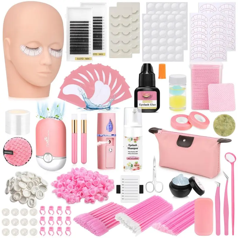 Lash Kits Extensions Kit for Beginners, Eyelash Lash Extension Kit for Beginners with Lash Mannequin Head, Lash Extension Practice Kit Starter Kit with Everything USB Fan, Lash Glue, Shampoo