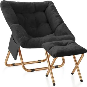 Comfy Saucer Chair, Foldable Living Room Chairs, Soft Faux Fur Lounge Chair for Bedroom, Reading Chairs for Adults,Teens, X-Large (Black)