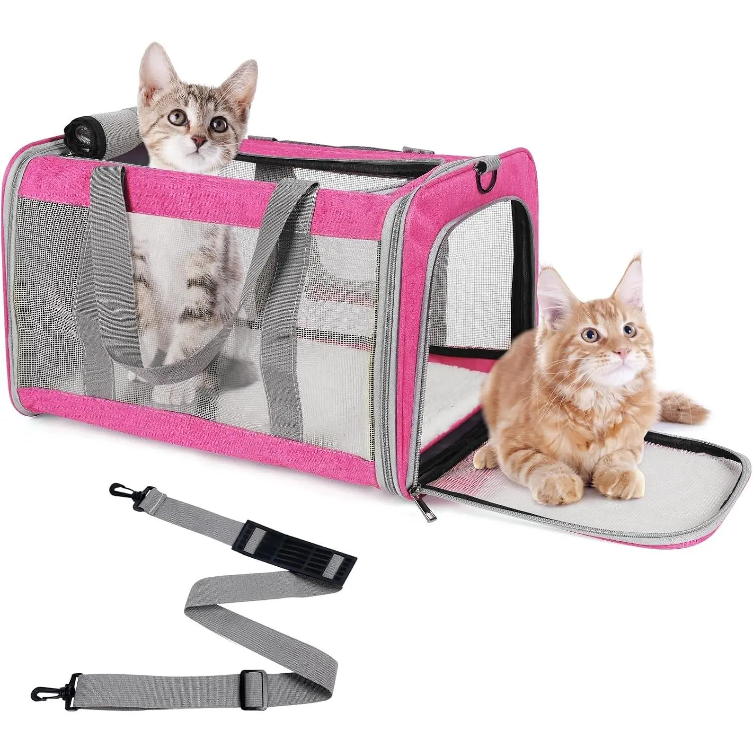 Soft-Sided Collapsible Pet Carrier Bag for Large/Medium Cats, Kittens & Puppies Up to 16 Lbs, Ventilated with 4 Mesh Windows, Sturdy Transport Strap, Pink