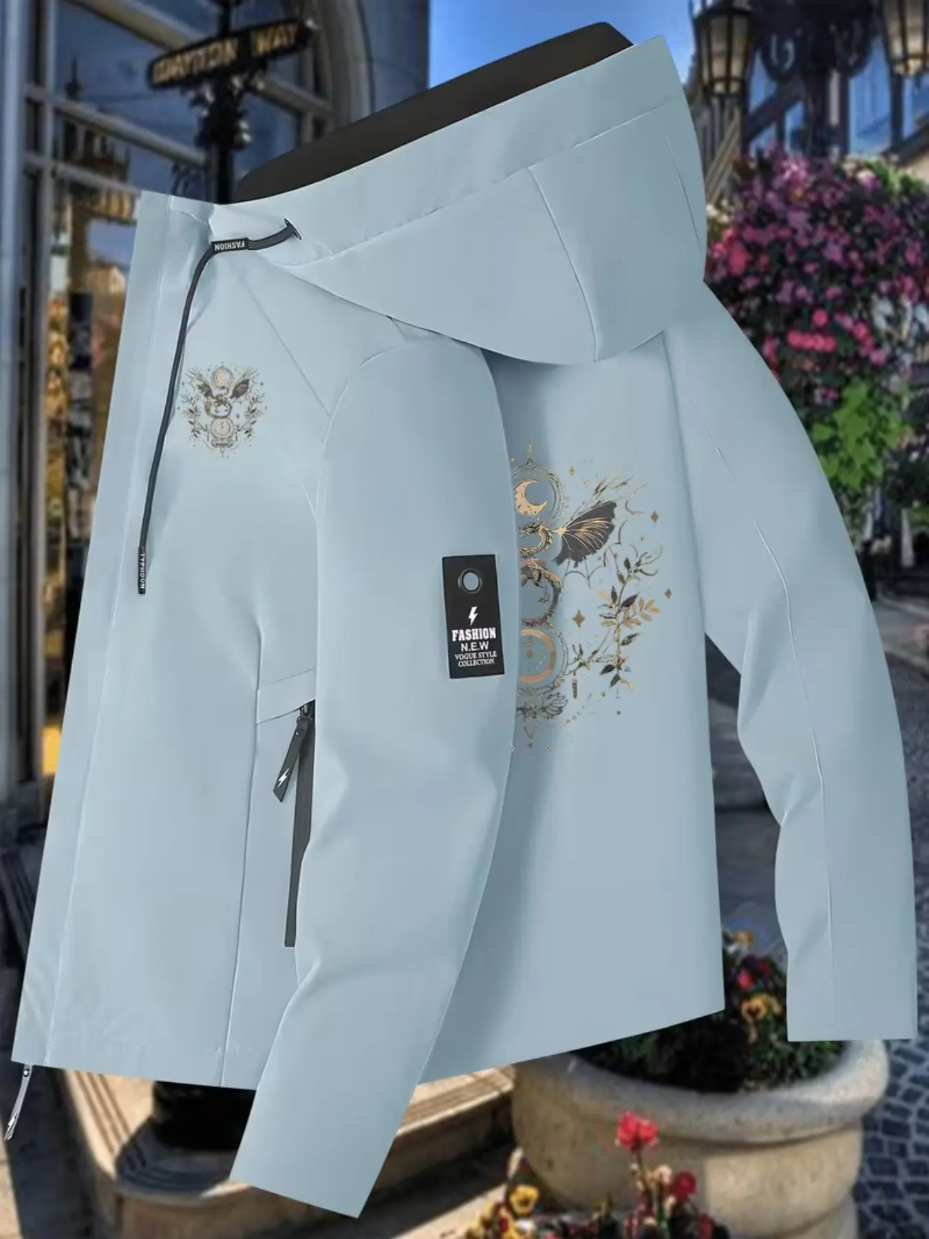 Women's Sport Jacket, Gold Dragon Star Moon Print, Lightweight Hoodie, Casual Streetwear, Fashionable Versatile Outerwear