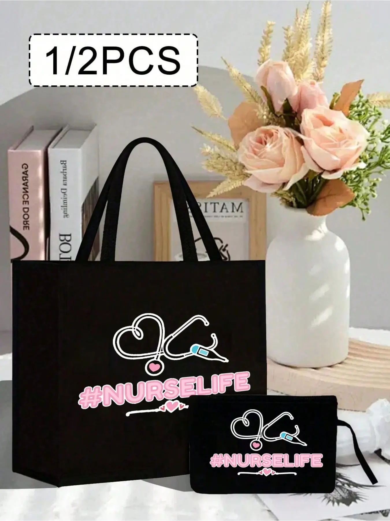 2-piece medical themed tote set with makeup pouch. Large capacity bag with shoulder straps, printed with pink hearts, stethoscopes and "Nurse Life" patterns. Durable & lightweight for daily use by nurses.