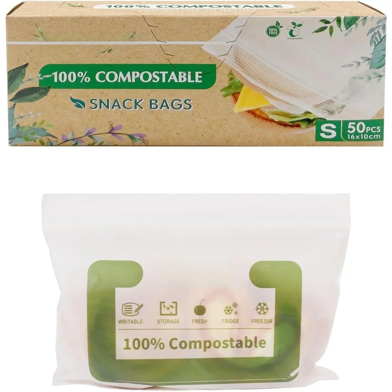 Compostable Snack Zip Bag |  Small Storage Bags | Freezer Bag | -Based  | Seal well for Cookie, Chips and Snack (1, Small)