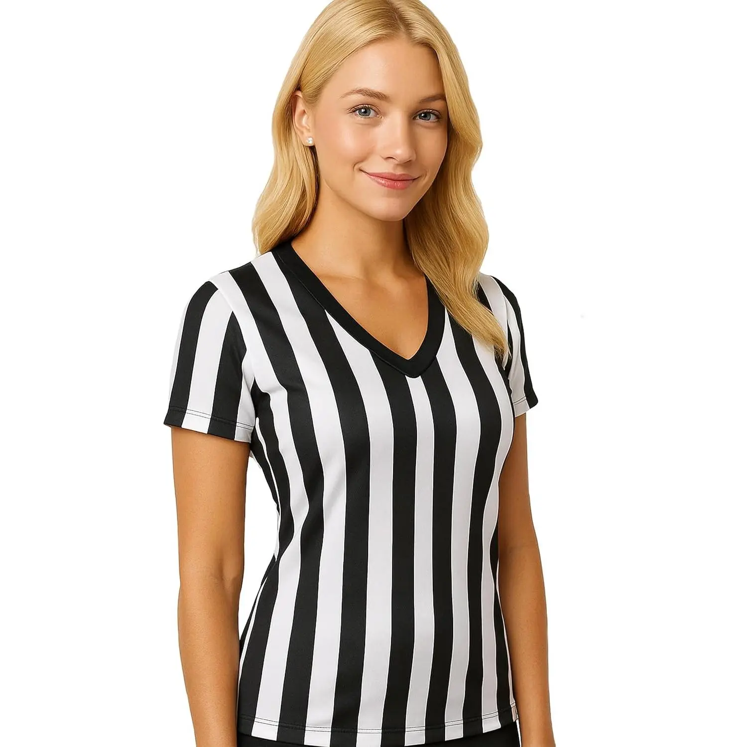 Women's Referee Shirt V-Neck Officials Jersey, Halloween Costume or Waitress Uniform
