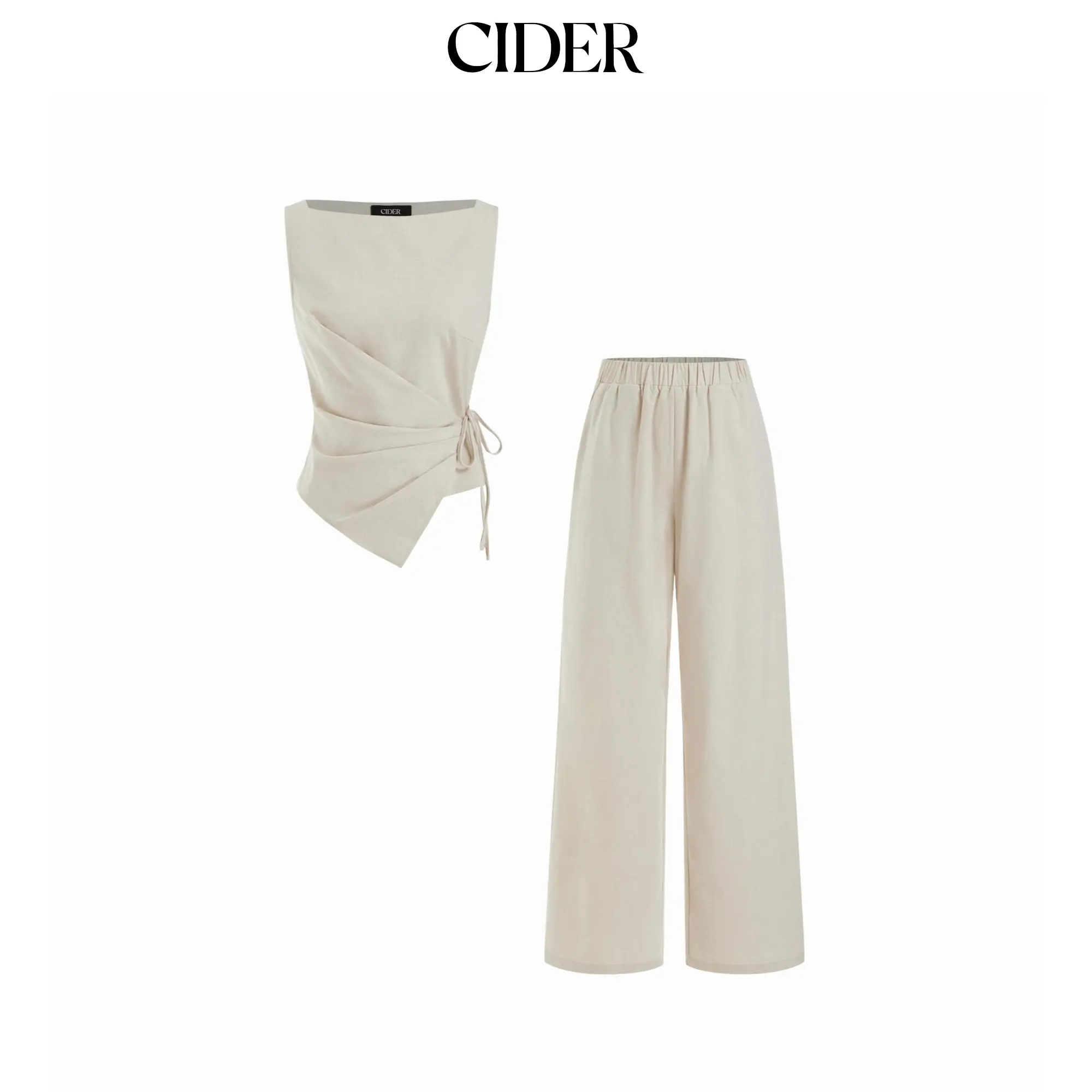 Cider Linen-blend Boat Neck Knotted Top & Mid Rise Capri Straight Leg Trousers Set
