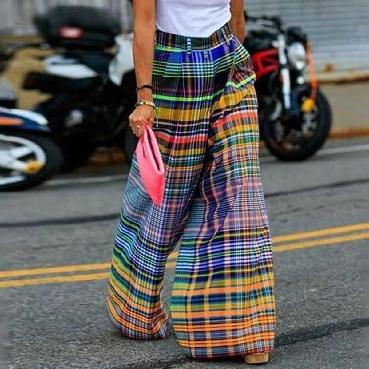 Women's Polyester High-Waist Flare Wide-Leg Pants - Casual Colorful Checkered Loose Fit Funky Bottoms, Machine Washable for Daily Dressing, Flare Pants, Checkered Pants