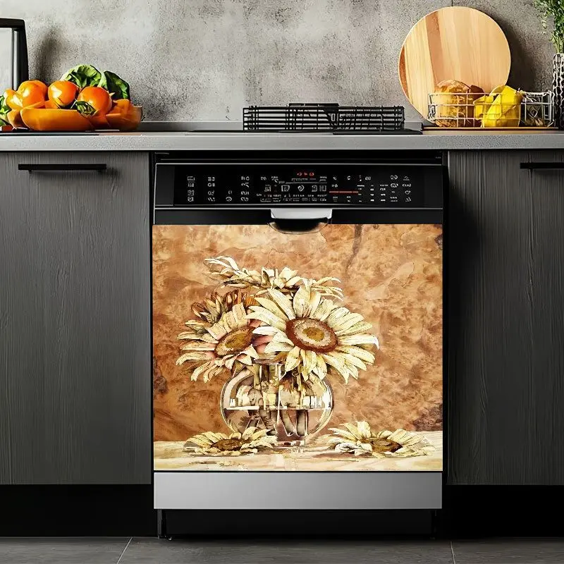 2D Flat 2Pcs Dishwasher Front Panel Sticker Rustic Sunflower Floral Design Golden Vintage Decorative Appliance Cover Self-Adhesive Waterproof Vinyl Decal for Kitchen Refrigerator Washing Machine Furniture Makeover Home Decor Remodel Renovation