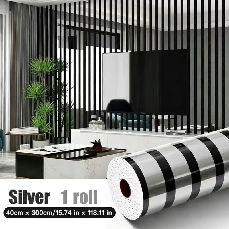 Self-Adhesive Grid Striped Wallpaper, Luxury Silver Gold Foil Mirror Texture, Removable PVC Vinyl, Universal for Living Room Bedroom TV Sofa Background Wall Decor