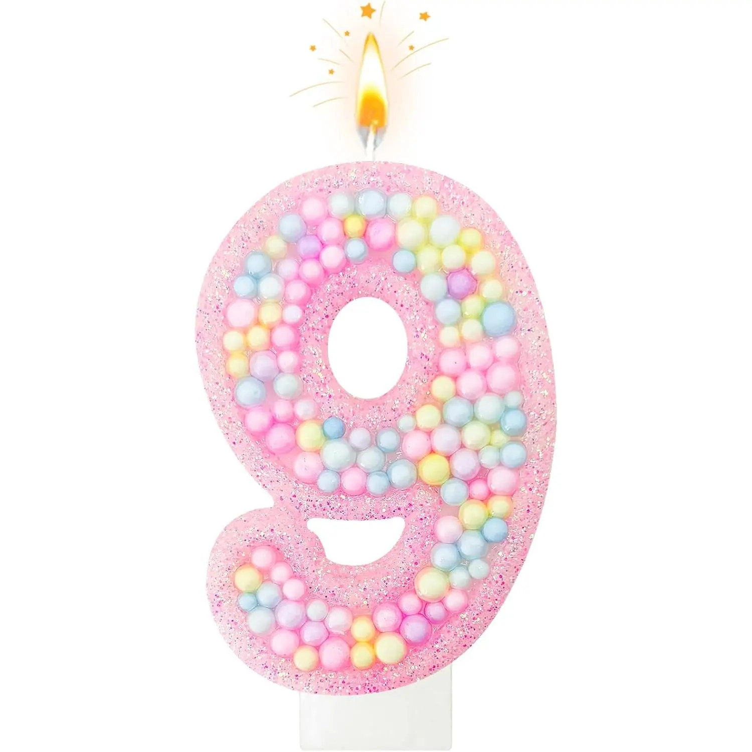 Number 9 Candle for Cake,  Glitter Number Candle with Colorful Beads,  Base Cake Topper for Birthday Anniversary Celebration