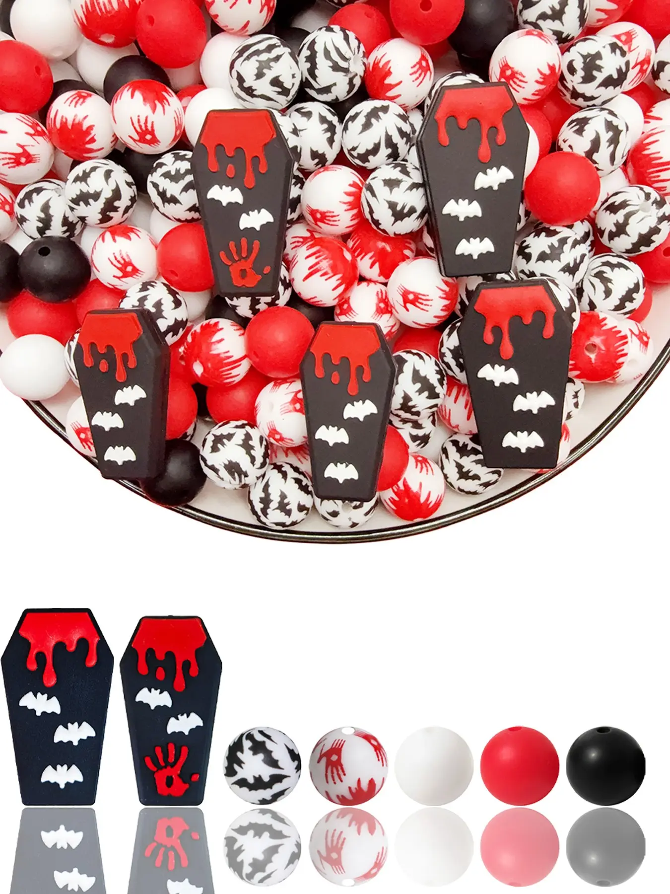 28pcs Halloween Coffin Silicone Beads Set, Dark Theme Blood Dropping Bat Handprint, Beads, Ideal for DIY Jewelry Making, DIY Beads Assortment