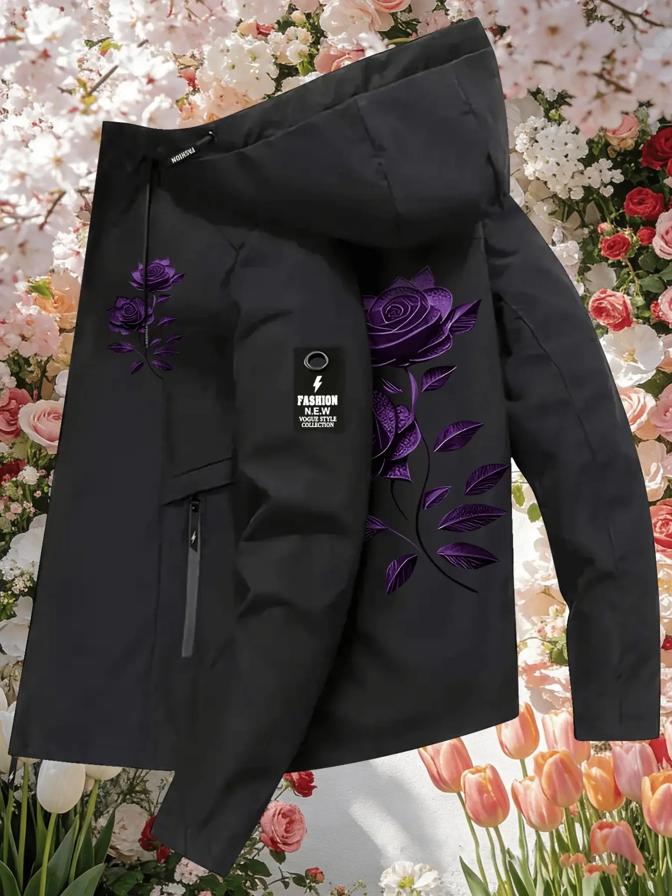 Women's Hooded Windbreaker Casual Outerwear Long Sleeve Jacket Double sided Purple Rose Print Jacket Two Color Options Hooded Loose All Season Warm Jacket Ideal for Daily Commute Hiking Climbing Wear Skin Friendly Breathable Machine Washable Plussize