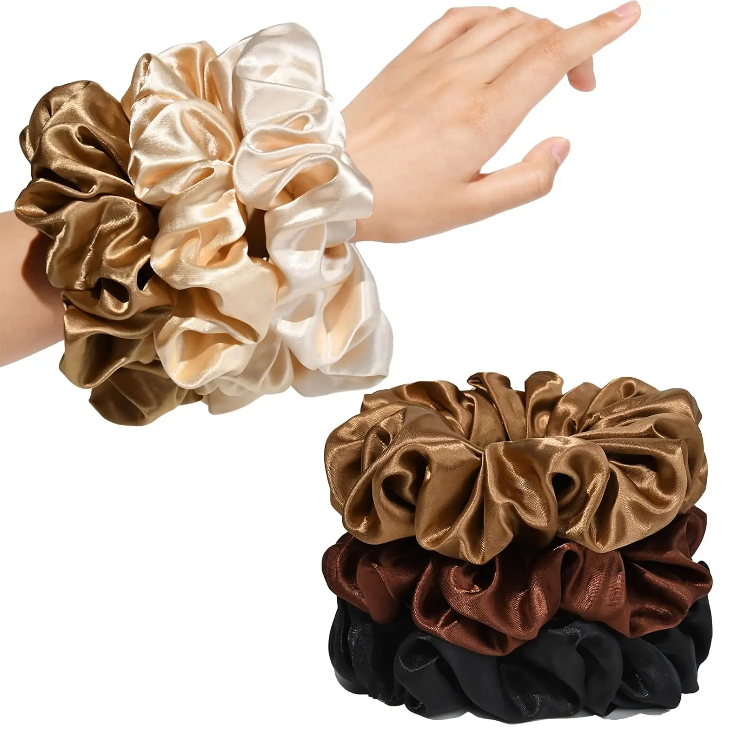 Women's Large Silk Satin Scrunchies - Bulk Hair Ties for Thick Curly Hair, 6-Pack (Black, Champagne, Brown, Gold), Jumbo, 1 Count (Pack Of 6), Hair Accessories, Female