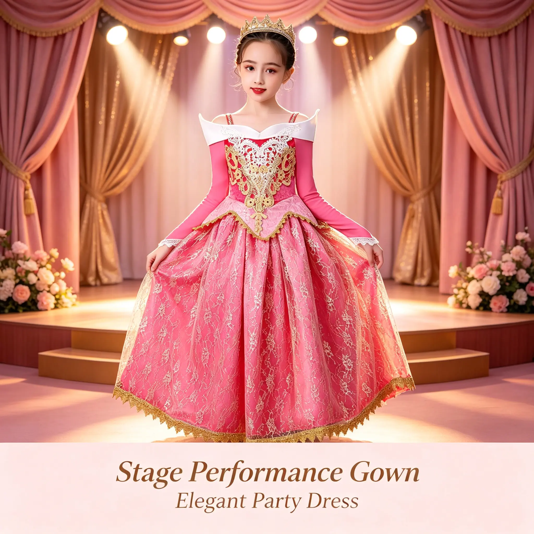 Girls Pink Aurora Princess Dress, Sleeping Beauty Costume Birthday Party Gown
