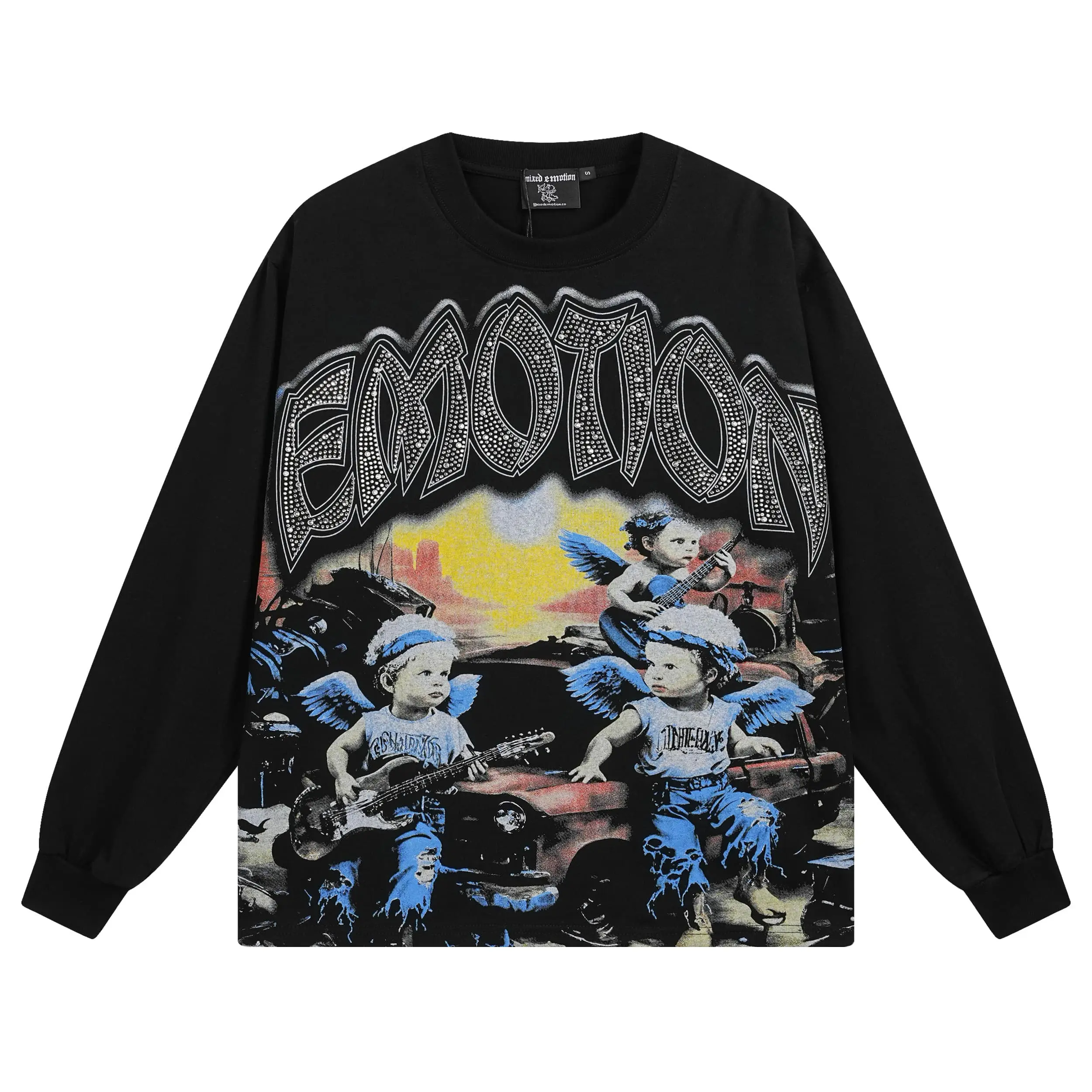MIXED EMOTION Black Long Sleeve Rhinestone Print T-shirt Men | Crewneck Hip Hop Oversized Tops, Y2K Streetwear Tees for Men, Perfect for Everyday Wear & Holiday Gift
