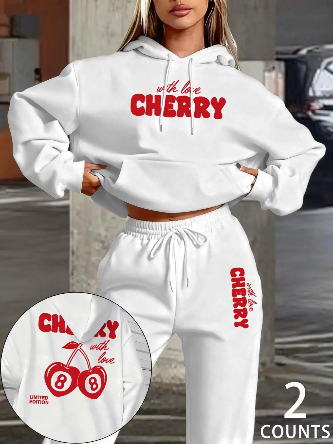 Women's Fall Winter Casual Set, Cherry and Letter Print Hoodie and Pants, Loose-Fit Streetwear, Daily Commute and Leisure, Sweatshirt