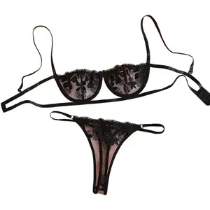 Goddess wardrobe Embroidered Mesh Lingerie Sets for Women Sexy Half Cup Bra and Panty Underwire Push Up Bra Underwear Set XXS-4XX()