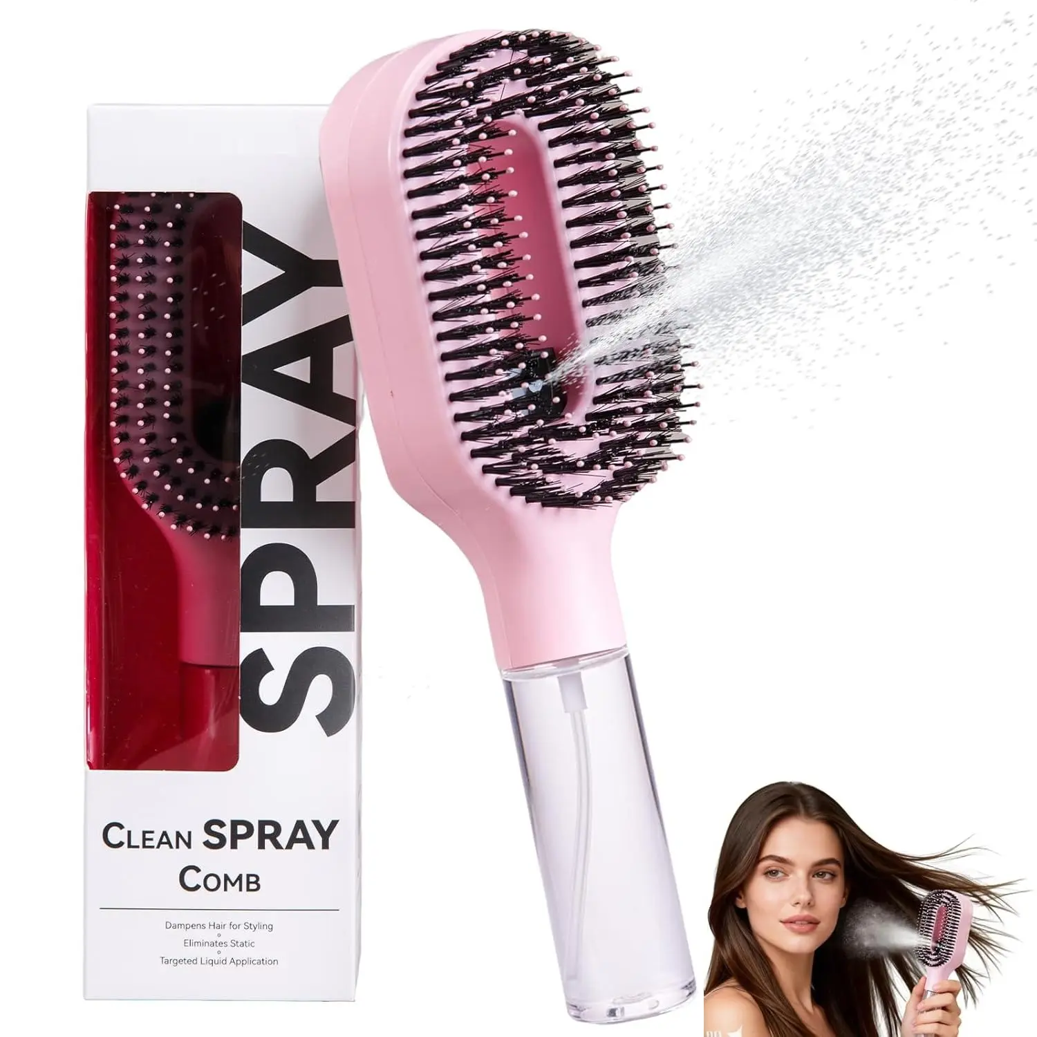 Hair Brush with Water Spray Sprayer, 2-In-1 Smoothing Brush, Travel Hairbrush, Portable Dry Wet Styling Tool, Smooth Hair Without Frizz, Quick Refresh for Women and Girls