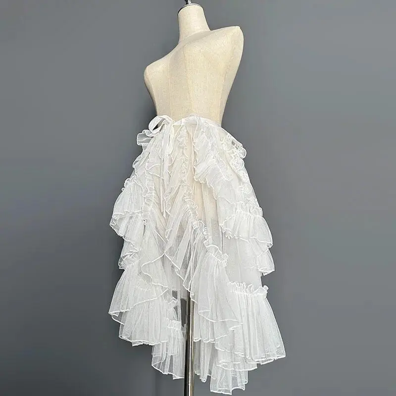 Gothic Lolita Lace Mesh Ruffles Fairy Princess Party Skirt Women Asymmetrical Cute Curtain Sheer Cover Up Thin Long Skirt White