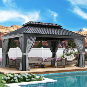 Aoxun 12' x 16' Hardtop Gazebo Outdoor Patio, Aluminum Permanent Pavilion with Drainage System, Galvanized Steel Double Roof and Netting, for Garden, Deckyard, Grey