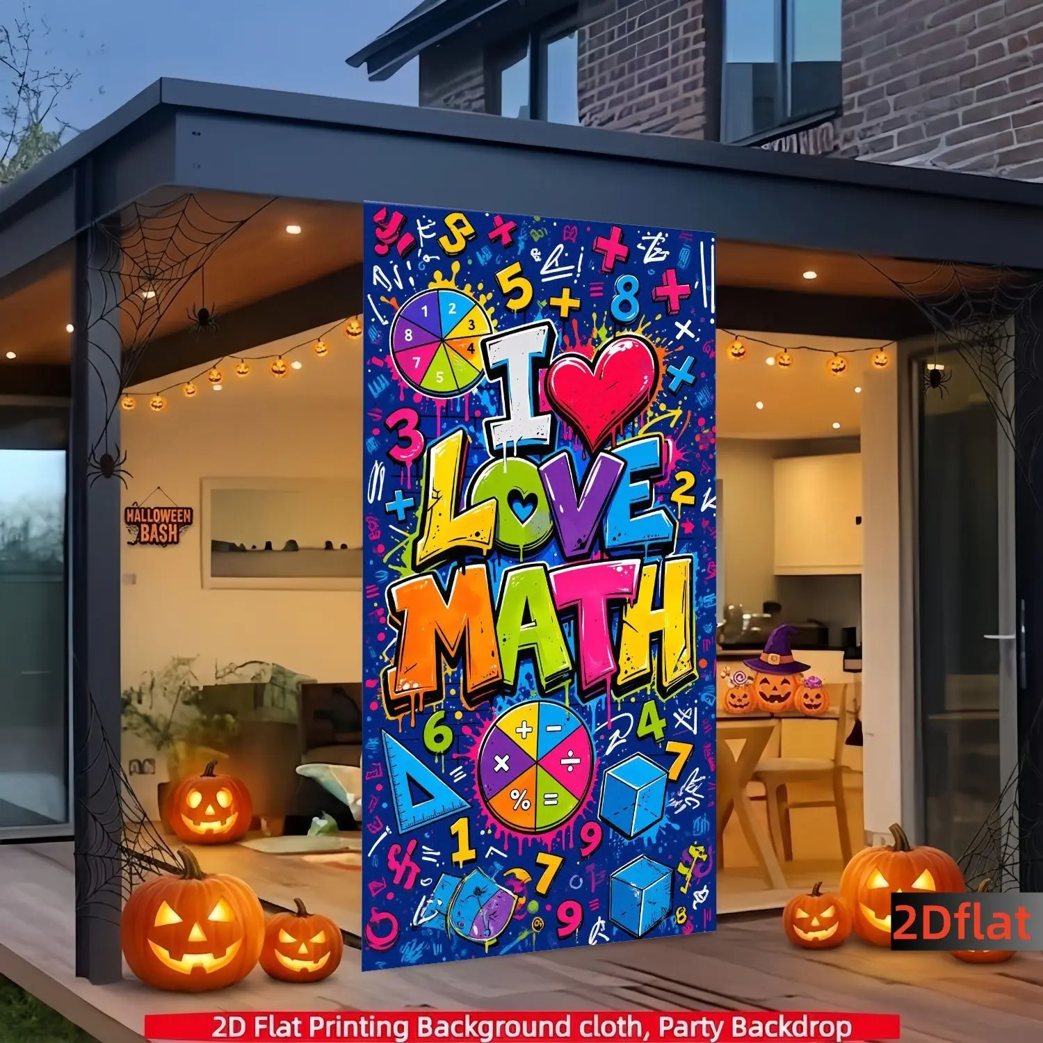 1pc 2D Vertical Classroom Door Curtain, Trendy Graffiti Style 'i Love Math' Design, Bright Colors, Ideal for Math Classrooms and School Events