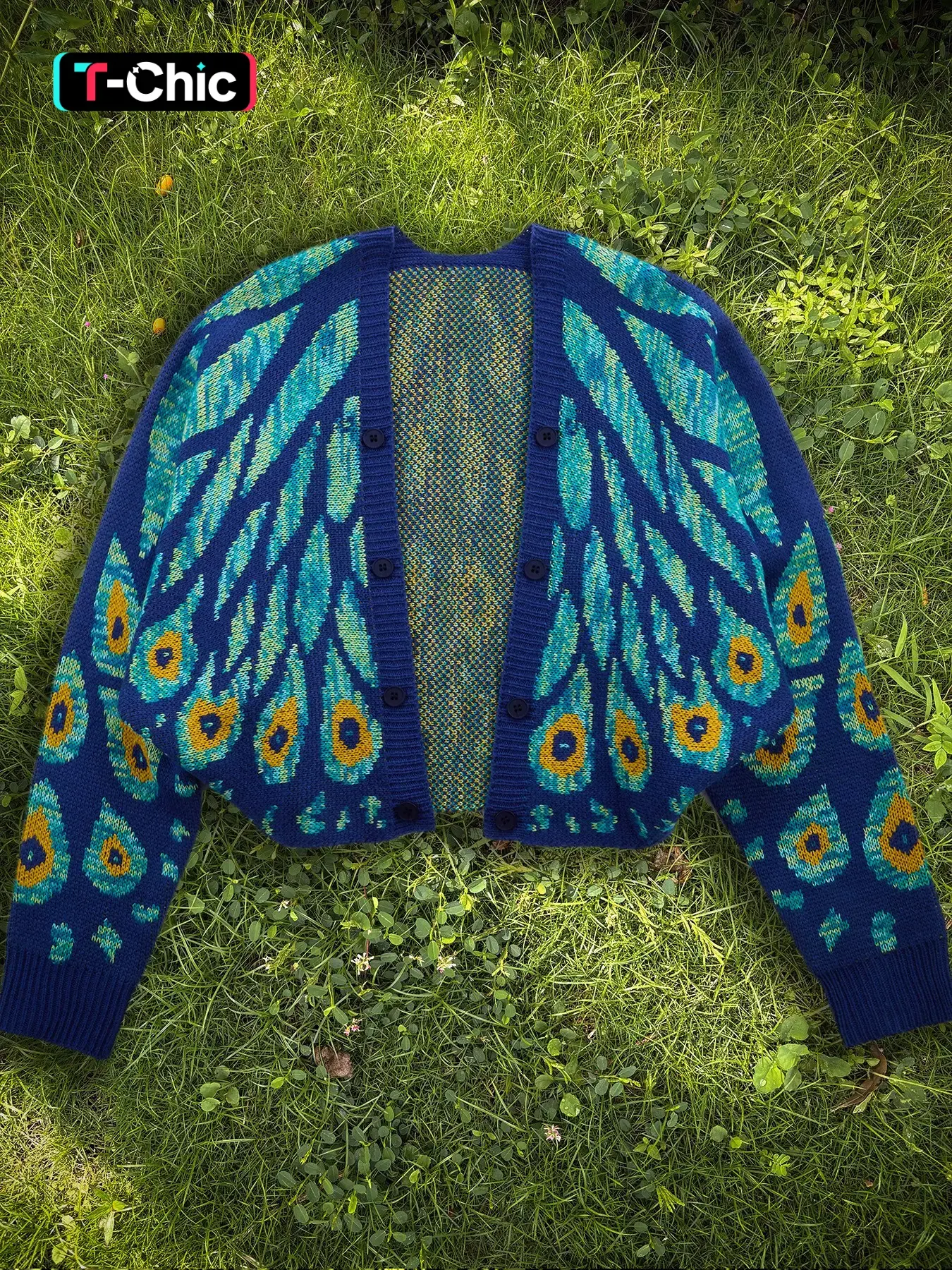 Women's Peacock Feather Print V-Neck Long Sleeve Sweater Coat, Double Button Knit Cardigan, Knitwear, Perfect for Vacation and Casual