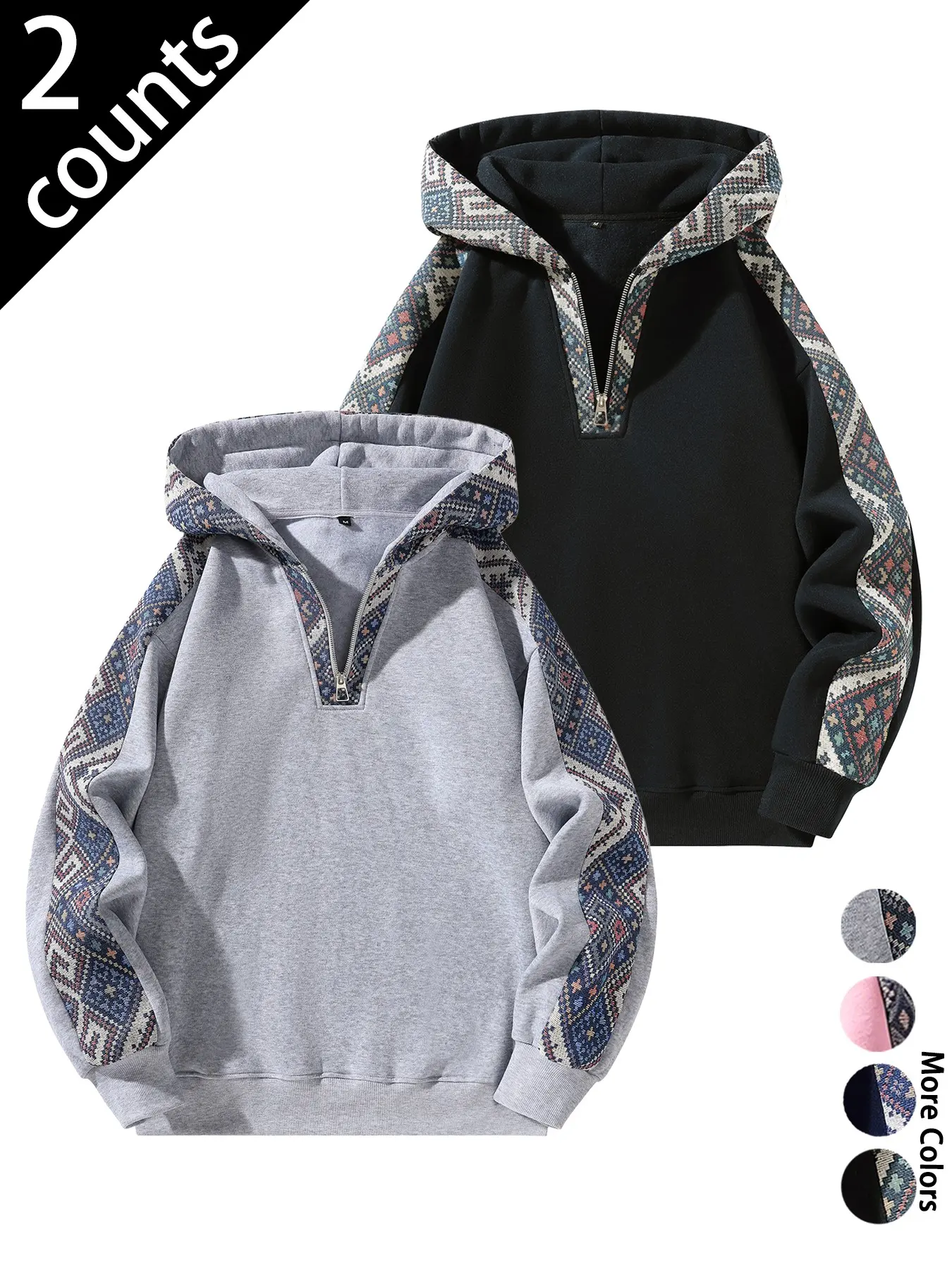 Men's Half-Zip Hoodie, Vintage Aztec Tribal Geometric Pattern, Long Sleeve Sweatshirt, Fall & Winter Casual Streetwear, Loose Fit