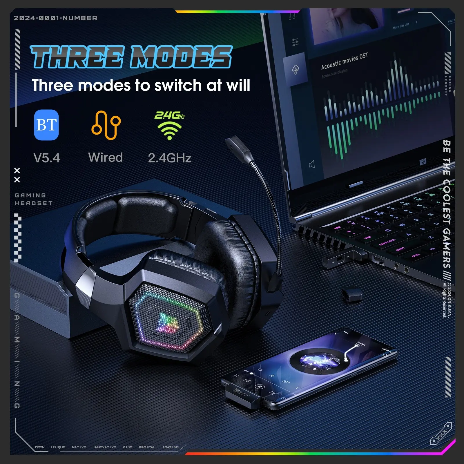 Wireless Gaming Headset for PC, Ps4/5, 2.4GHz USB & Type-C, Low Latency, Detachable Noise-Canceling Mic, Ideal for Game Consoles, Laptops, Phones
