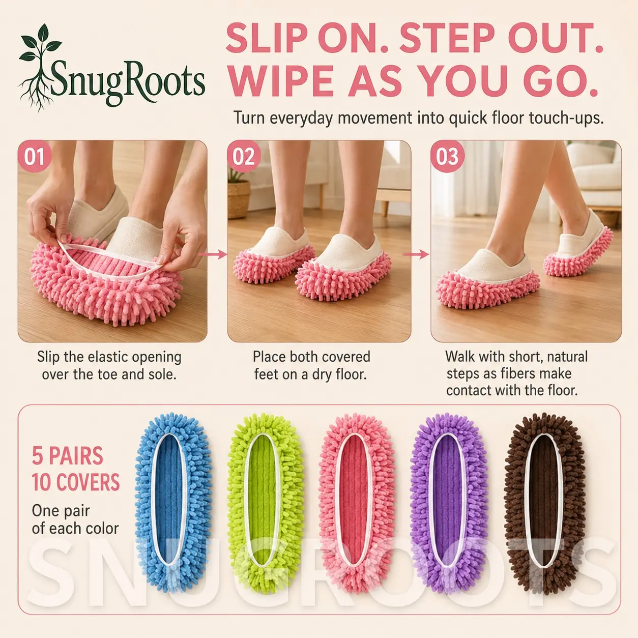 5 Pairs Microfiber Mop Slippers – Reusable Chenille Floor Cleaning Shoe Covers, Washable Dusting Slipper Covers, Hands-Free Floor Mop Socks, Removable Cleaning Pads and Household Floor Sweeping Slippers.