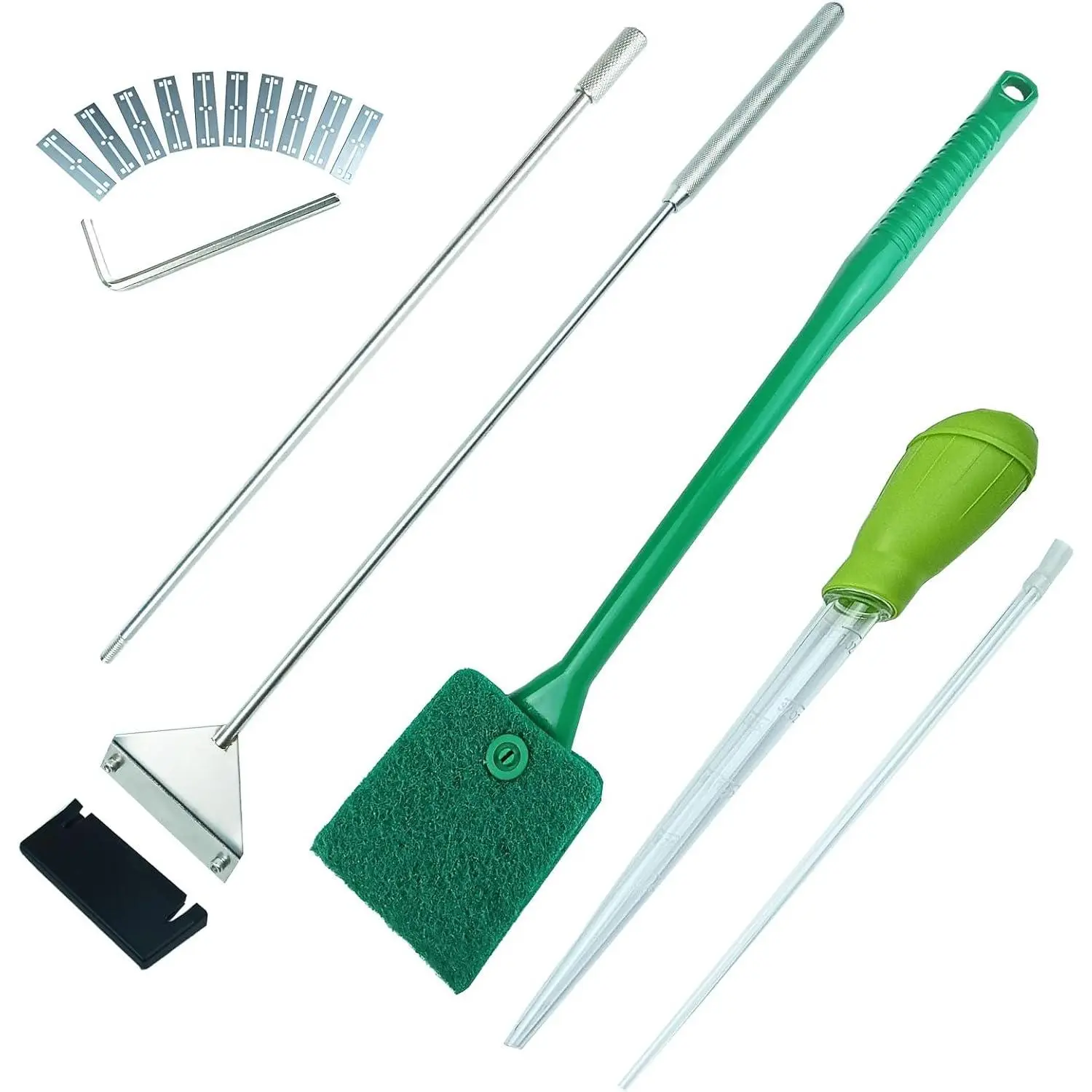 25.2 Inch Aquarium Algae Scraper/Remover for Glass Fish Tanks, Stainless Steel Cleaner Tool Kit/Cleaning Accessories with 10 Replaceable  + Coral Feeder + Double-Sided Sponge Brush