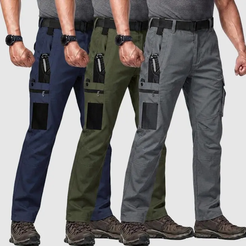 3-Pack Men's Multi-Color Tactical Cargo Pants, constructed from 230g/m² wear-resistant fabric with multi-pocket and zipper design. Suitable for spring and autumn wear for outdoor hiking, camping, fishing and daily work.