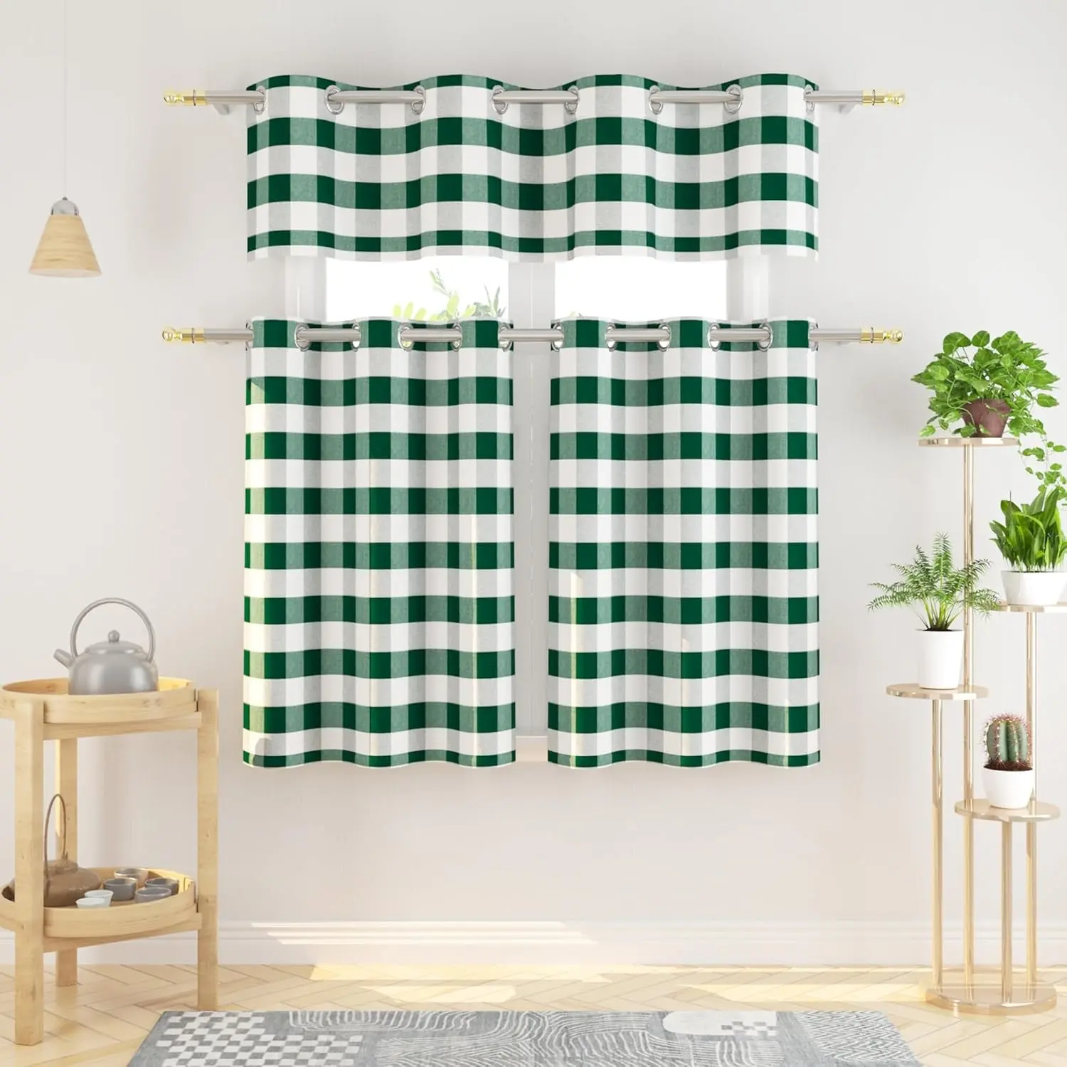 3 Pieces Tier Curtains and Valance Set Buffalo Check Plaid Gingham Grommet Top Classic Short Small Cafe Curtains Country Farmhouse for Kitchen Bathroom 54"x18"/32"x36" Dark Green & White