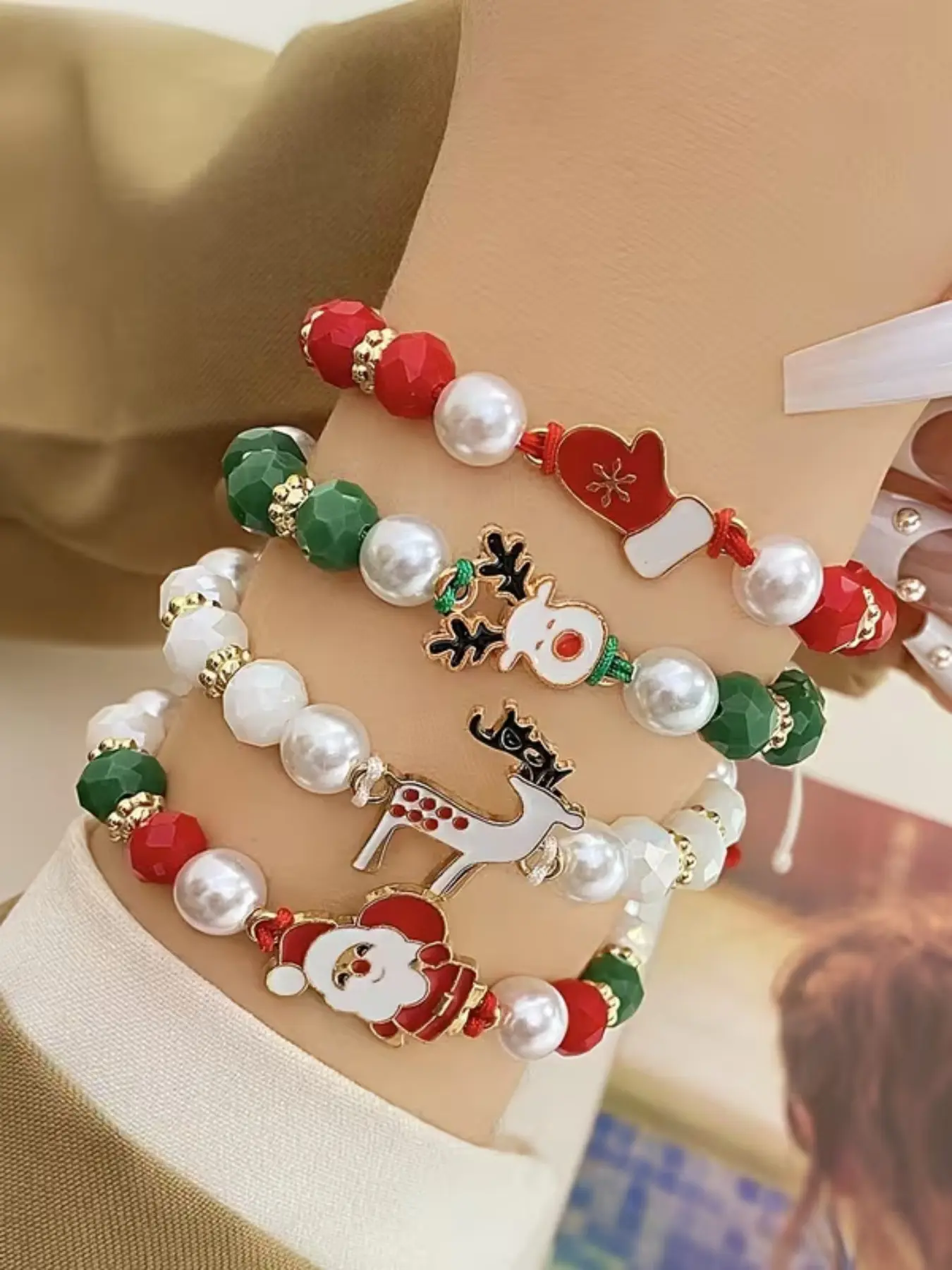 Set of 4 Christmas Charm Bracelets, Cute Holiday Santa, Reindeer, Gloves Pendants, Daily Wear, Universal Festival Gift, All Seasons