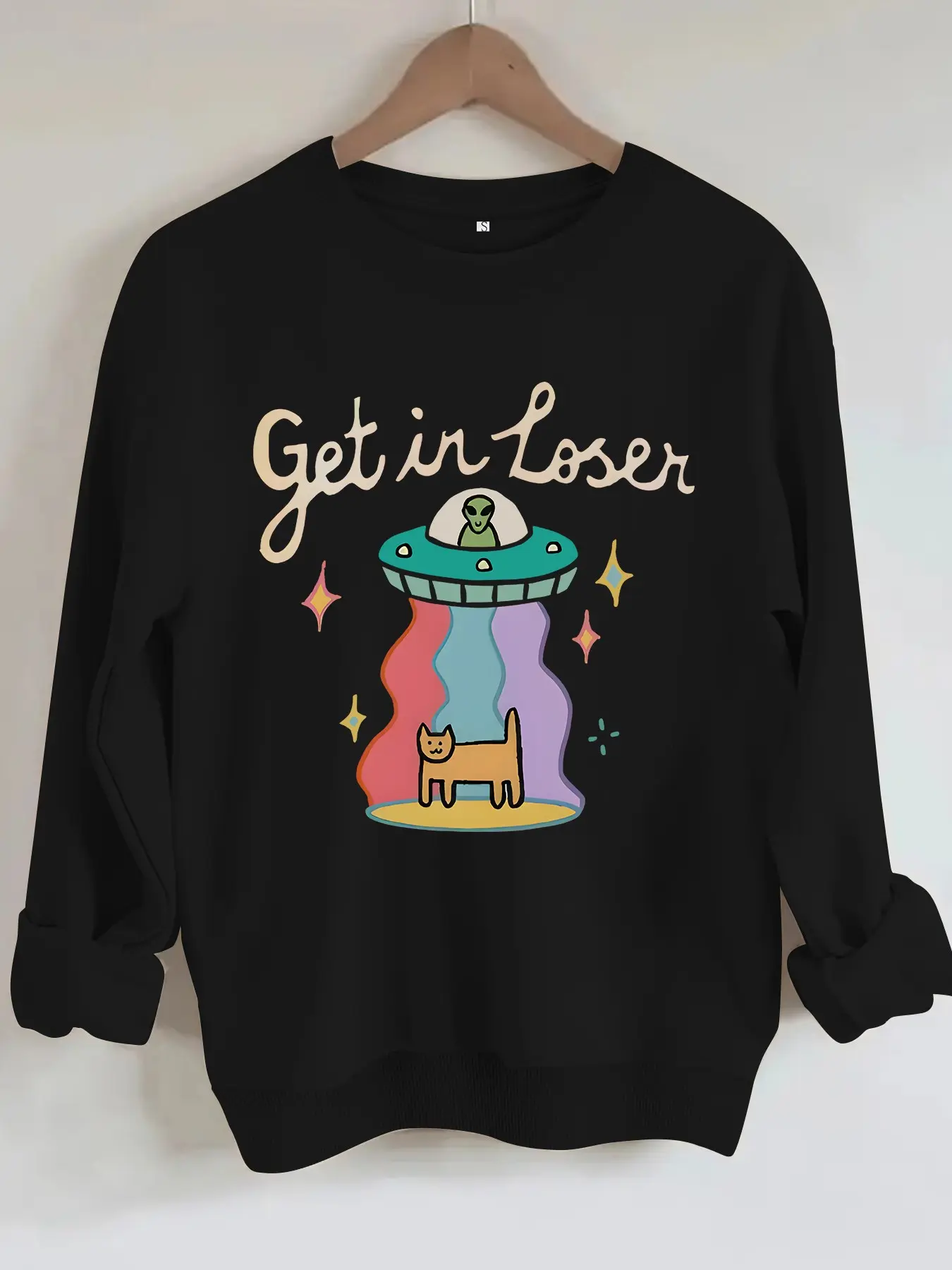 Women's Alien Ufo Vintage Letter Print Sweatshirt, Casual Long Sleeve Loose Fit, Fall Winter Soft Washable Pullover, Essential Autumn Top