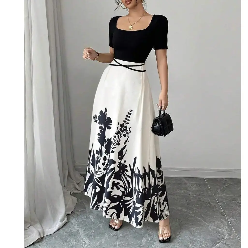 Elegant and slim-fitting women's cheongsam, short sleeves, square collar, belt design, formal, versatile, comfortable, suitable for daily wear-THY