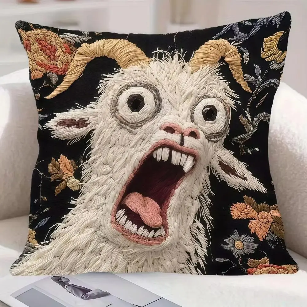 Soft Screaming Goat Fabric Throw Pillow Cover - Quirky Whimsical Home Decor, Sofa Accessory, Quick Refresh
