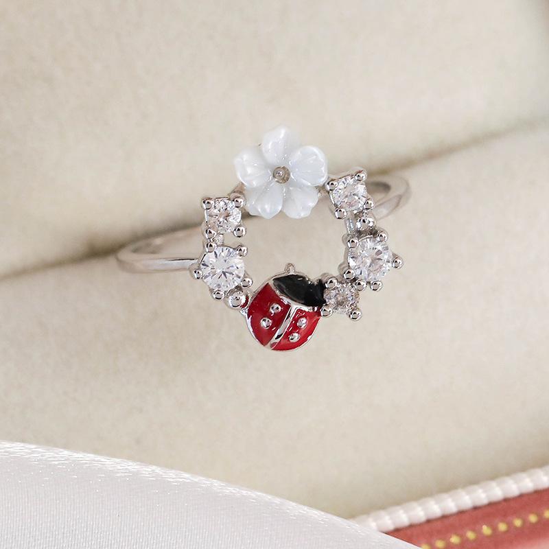 Spring and summer macaron-colored oil-drip flower heart ring with zircon inlay, open niche ring for women, personalized index finger ring