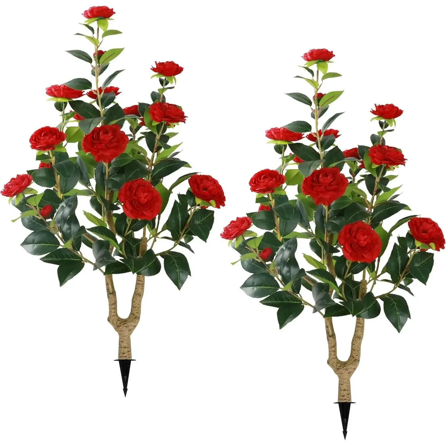 Set of 2 35.5" Decorative Artificial Red Camellia Trees with Spikes, Outdoor & Indoor Summer-Spring Home Decor for Front Door, Living Room