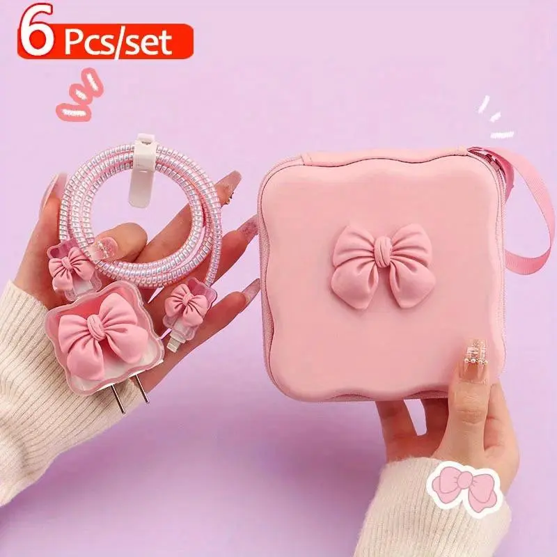 6 in 1 Cable Protector Set, Lovely Bow Knot Travel Storage Bag, Cute Cable Charger Protector, Cord Organizer, Christmas and Halloween Gifts