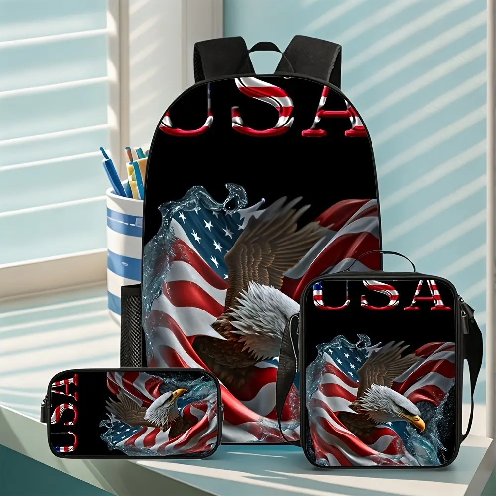 This 3-piece American bald flag print backpack set comes with matching accessories and is suitable for school, college, and travel. A spacious everyday backpack adorned with a bald flag pattern, it can hold books, laptops, and more, making it a basic trav