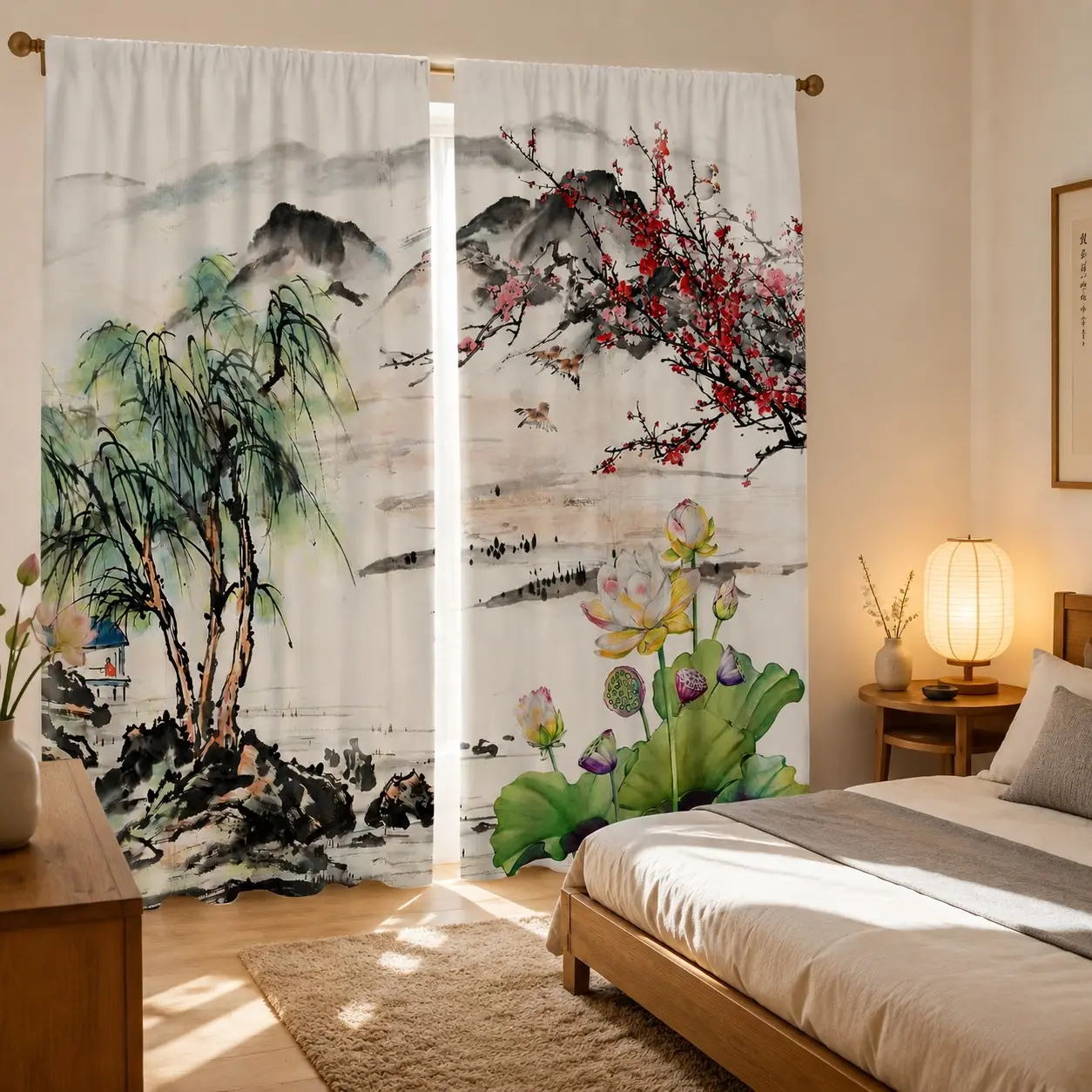 2pcs Asian Style Bedroom Print Curtains, Traditional Ink Painting Natural Landscape Cherry Blossom Floral Eastern Art Japanese Style Curtain Set