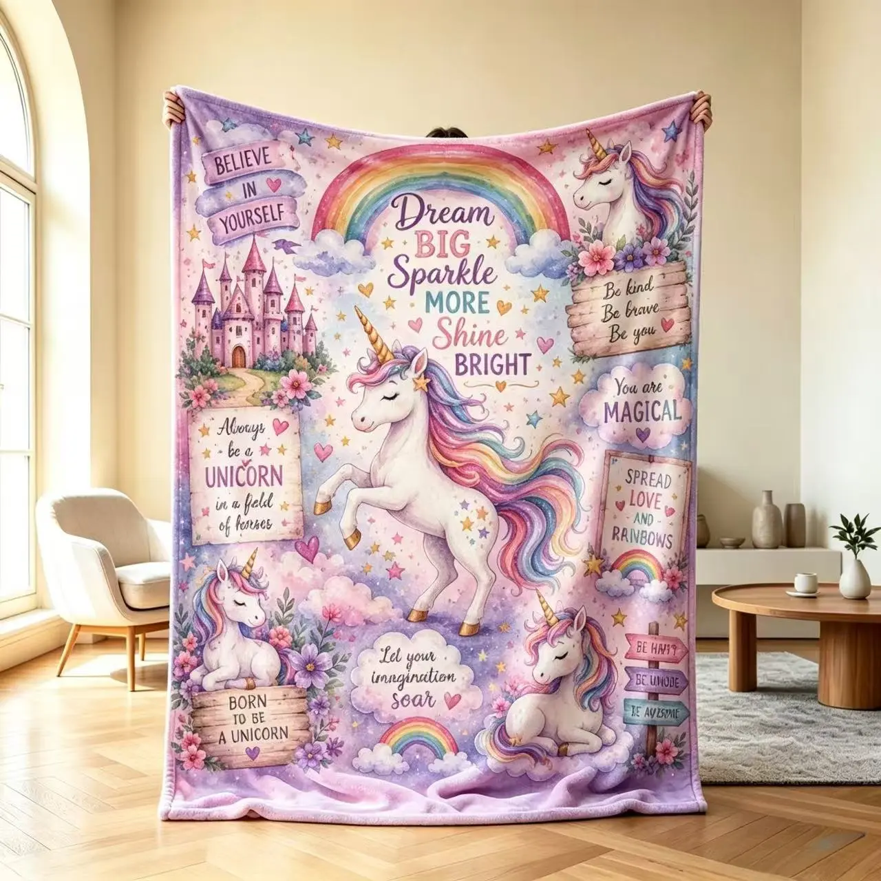 Cute Rainbow Unicorn Castle Flannel Throw Blanket, Inspirational Positive Quote Soft Fleece Blanket for Girls Bedroom, Magical Dream Big Sparkle Design Cozy Blanket, Perfect Birthday Christmas Gift for Kids Unicorn Lovers Applies to Super soft  decorative