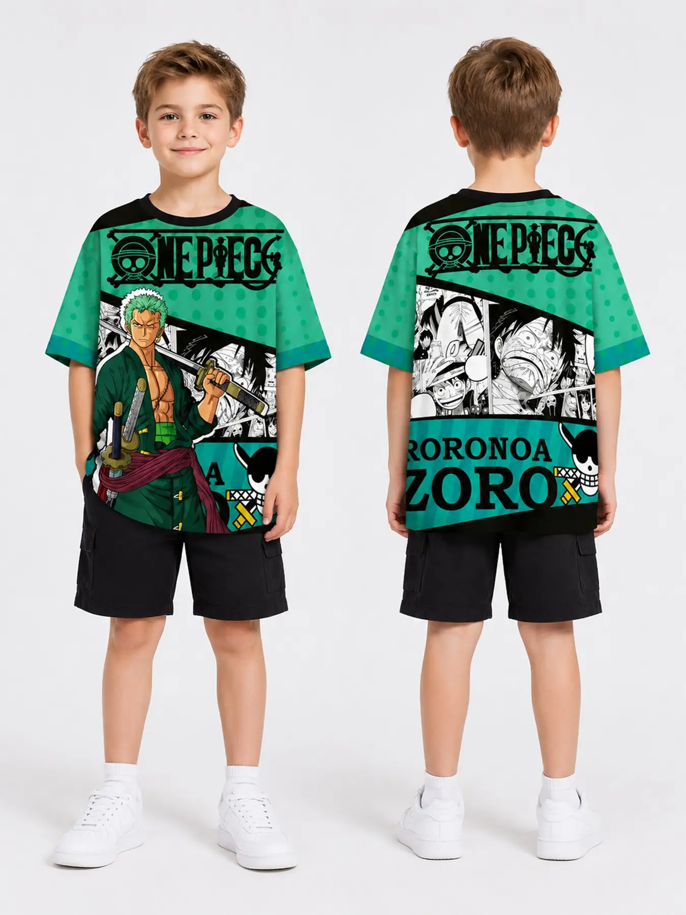 Anime One ONE PIECE Summer Short Sleeve Graphic Tee, Luffy Zoro 3D Print Round Neck Top, Street Style for Kids 6-14 Years