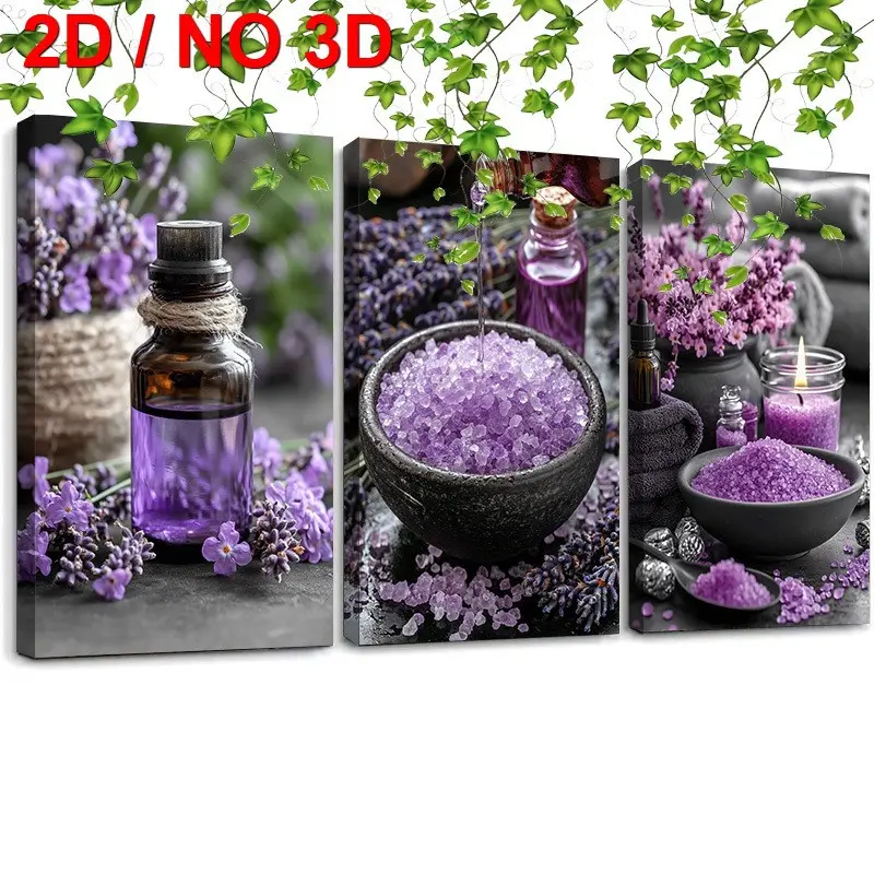 2D 3-piece set of canvas paintings featuring purple lavender flowers and spa salts, canvas wall art with a Zen still life theme, perfect gift for him/her for Valentine's Day, Carnival, holidays, new home decoration, store decoration, bedroom, living room,