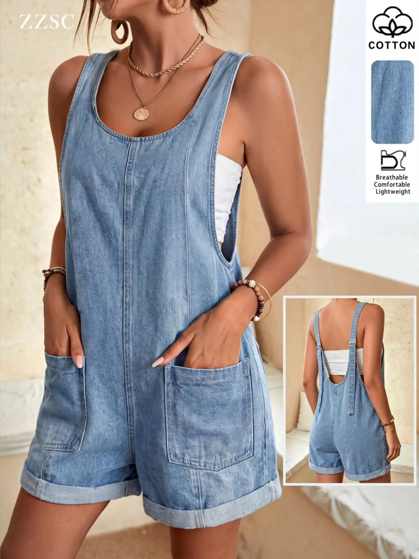 Washed Denim Light Wash Loose Fit Adjustable Straps Romper, Casual Everyday Wear
