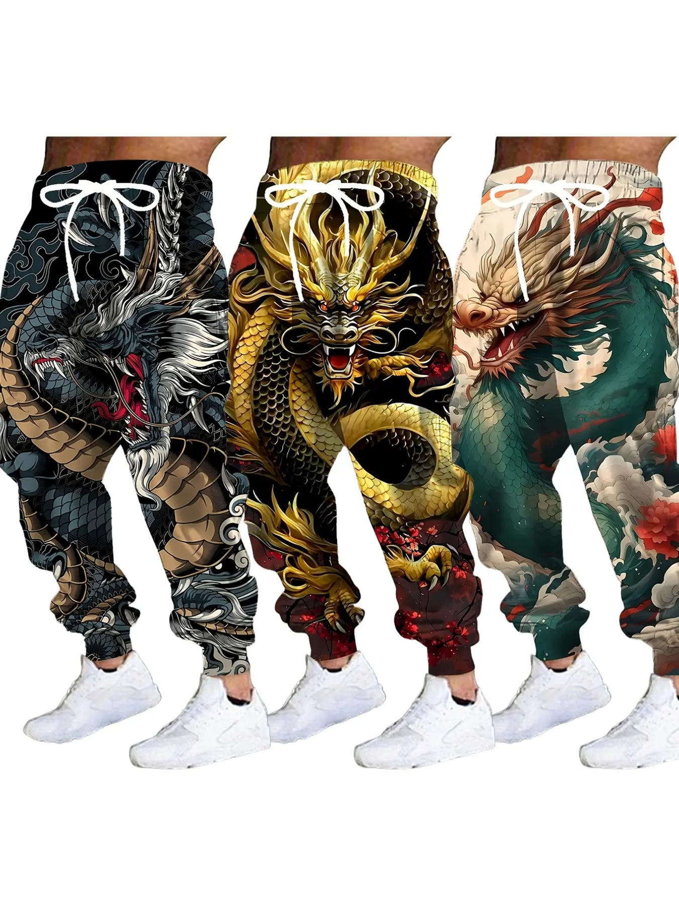 3-Pack Traditional Eastern Dragon Animal Style Full-Print Cuffed Long Pants, Casual Drawstring Sweatpants Set for Men, All Seasons