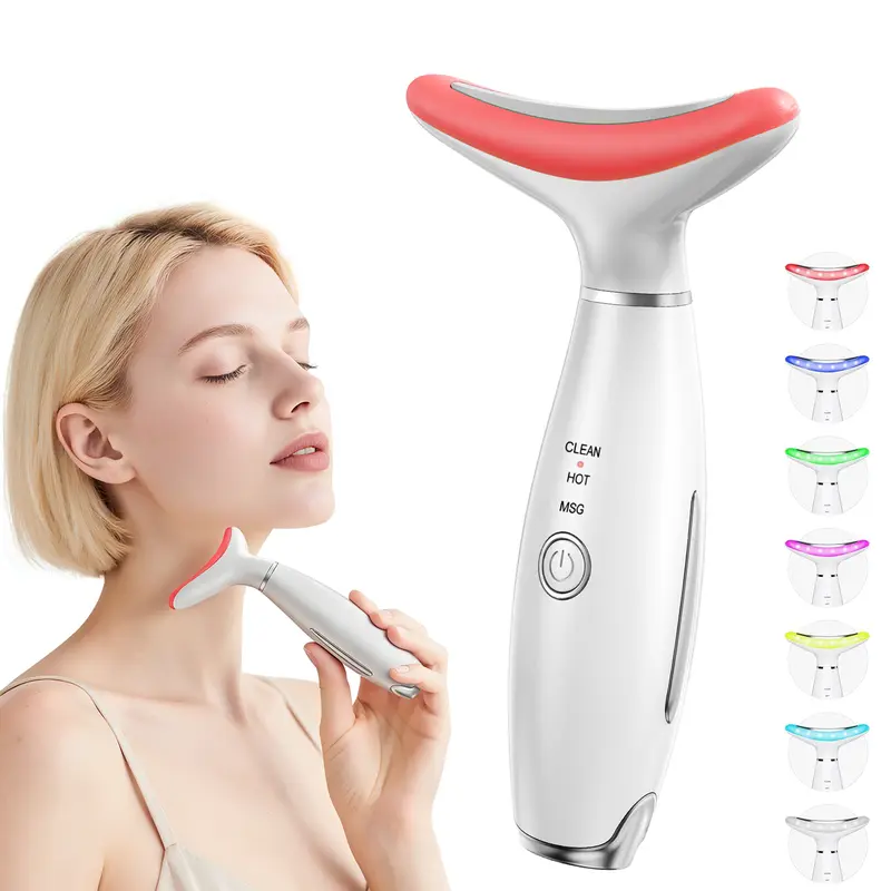 7-in-1 Handheld LED Face Massager - Multifunctional Beauty Machine for At-Home Facial, Thermal-Vibration, Double Chin Neck Care, Face Sculpting, Built-In Battery, Portable, Facial Lift, Light Therapy, Self Care Product, Gift for Beauty Enthusiasts
