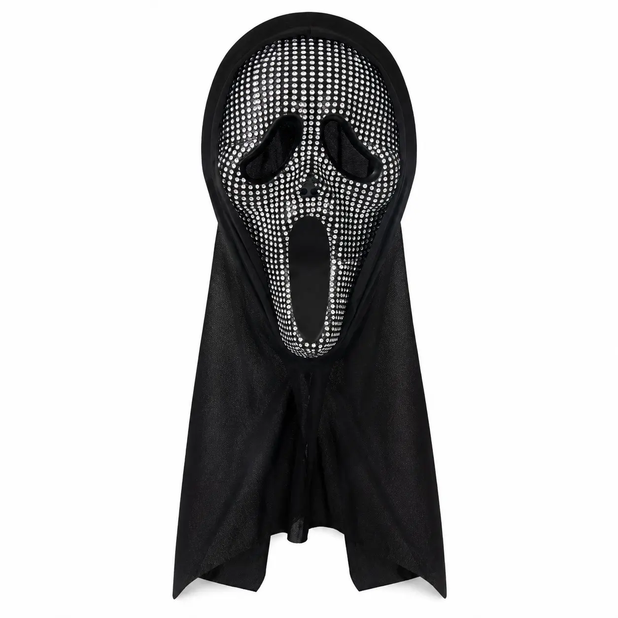Rhinestone Ghost Face Costume Mask with Black Hood, Spooky Halloween Party Cosplay Mask, Sparkling Horror Masquerade Dress Up Accessory